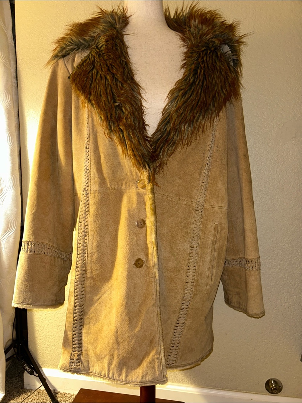 Genuine leather suede Faux-Fur Trim Coat Boho Hippy Vintage